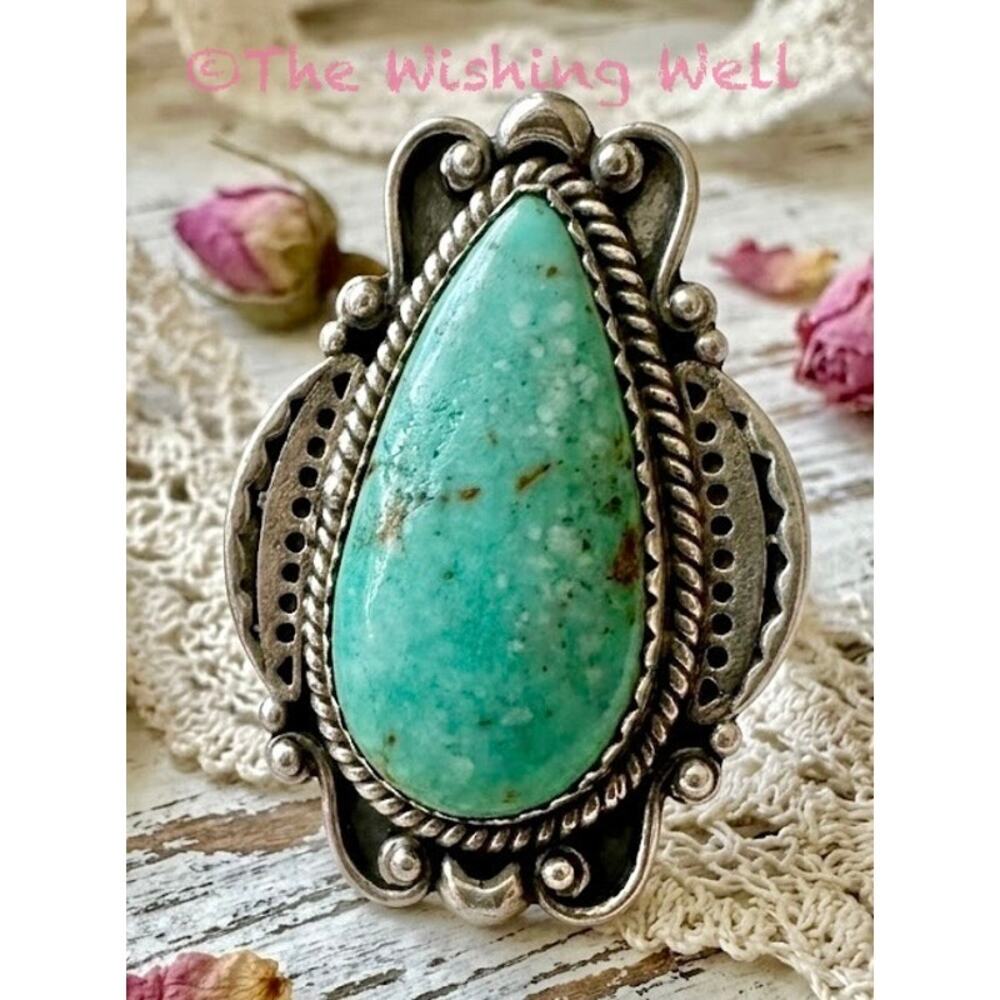 Artisan Turquoise Teardrop Ring | Adjustable 5–10 | Solid Sterling